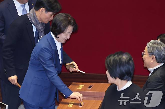 추미애 법제사법위원장이 26일 서울 여의도 국회에서 열린 제432회 국회(임시회) 제8차 본회의에서 일명 '법 왜곡죄법'인 형법 일부개정법률안(수정안)에 대한 무제한토론(필리버스터) 종결동의의 건을 투표하고 있다. 2026.2.26 ⓒ 뉴스1 신웅수 기자