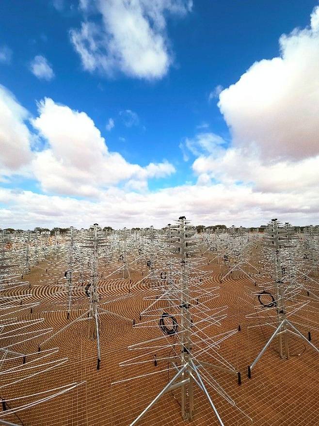 호주 머치슨 사막에 위치한 국제 거대전파망원경(SKA-Low) 건설 현장 모습. 천체의 미약한 신호 탐지를 위해 크리스마스트리 형태의 안테나 군집(약 7.8만대)을 설치 중이다. ⓒ우주항공청