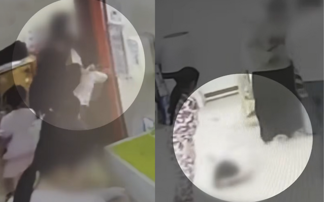 국회 어린이집 교사의 아동학대 의혹이 제기됐다. 사진은 어린이집 교사가 원생을 붙잡아 문밖으로 내던지는 듯한 모습(왼쪽)과 이로 인해 1m 이상 날아가 바닥에 떨어진 아이가 충격으로 한동안 일어나지 못하는 모습. /사진=KBS 뉴스 캡처