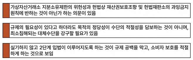 26일 국회에서 열린 ‘디지털자산 2단계 입법 방향 토론회’에서 최승재 세종대학교 교수가 지적한 ‘가상자산거래소 대주주 지분 제한’ 쟁점에 대한 발표 내용. [자료=디지털자산정책포럼]