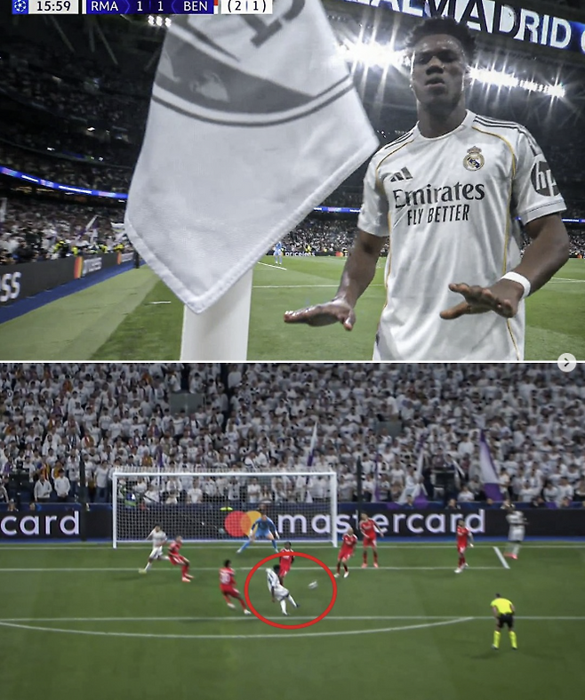 2025-2026시즌 유럽축구연맹(UEFA) 챔피언스리그 16강 플레이오프(PO)  2차전레알 마드리드와 벤피카의 맞대결, 추아메니가 득점을 만든 후 기뻐하고 있다.