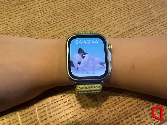 워치 화면에 고양이 캐릭터 '펠릭스'가 편안한 자세를 취하고 있는 모습. 이은서 기자.