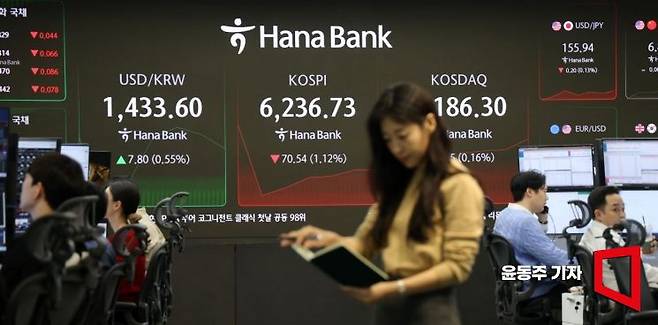 코스피 지수가 7거래일 만에 약세로 장을 시작한 27일 서울 중구 하나은행 딜링룸 지수 현황판에 환율, 코스피, 코스닥 지수가 표시되고 있다. 2026.02.27 윤동주 기자