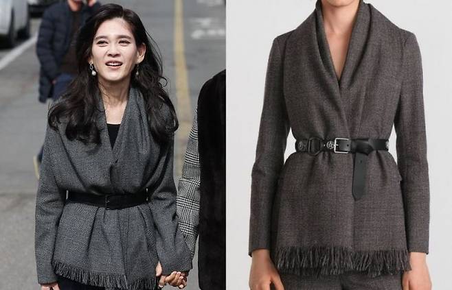 26일 서울 관악구 서울대학교에서 열린 아들 임군의 입학식에 참석한 이부진 호텔신라 사장(왼쪽)과 이 사장이 이날 착용한 디올의 '벨티드 재킷 위드 리무버블 스카프' 제품. 연합뉴스·디올 홈페이지