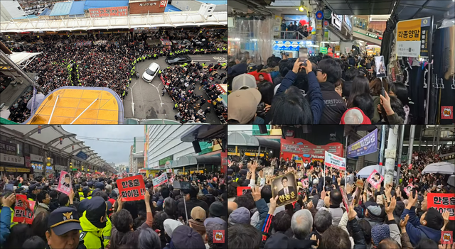 한동훈 전 국민의힘 당대표가 27일 낮 대구 서문시장을 방문하기 전부터 연설 현장에까지 뒤따른 인파의 모습. 상단 왼쪽, 상단 오른쪽, 하단 왼쪽 , 하단 오른쪽 시간순.[박상수 국민의힘 전 대변인 페이스북 사진·유튜브 ‘한포TV’ 중계영상 갈무리]