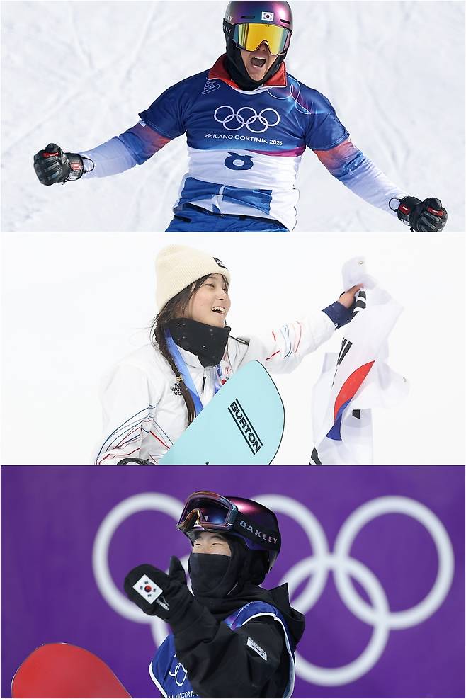 (맨 위쪽부터) 스노보드 남자 평행대회전 은메달 김상겸, 스노보드 여자 하프파이프 금메달 최가온, 스노보드 여자 빅에어 동메달 유승은. 연합뉴스