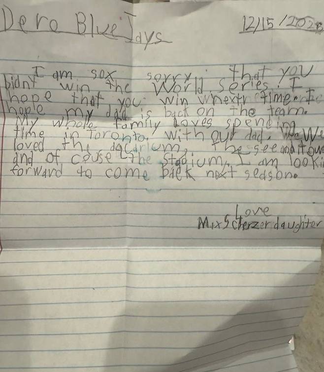 맥스 슈어저 딸의 편지. 사진=애리카 슈어저 SNS