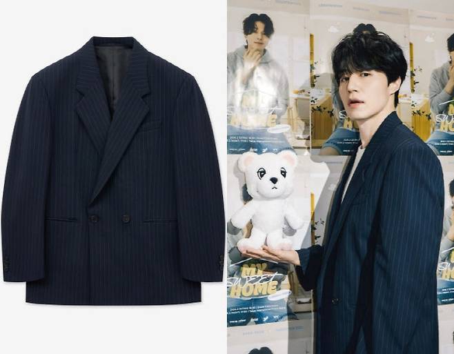 TNGT 핀 스트라이프 더블 브레스티드 재킷 제품(왼쪽)과 이동욱이 착용한 모습 (사진=TNFT 판매페이지이동욱 인스타그램 캡처)