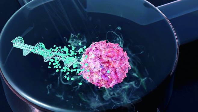 2020년 대구경북과학기술원(DGIST) 연구팀이 레이저를 이용해 만든 바늘형 마이크로봇의 상상 그림. 몸속에서 원하는 부위에 약물이나 다른 세포를 전달한다. DGIST 제공