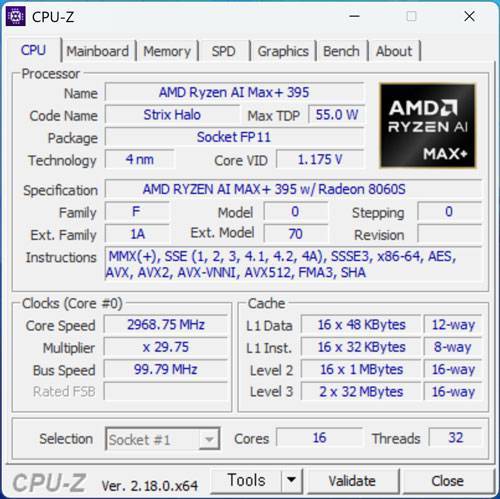 16 코어와 32쓰레드, 최대 5.1GHz의 클럭 속도를 갖춘 AMD 라이젠 AI Max+ 395의 CPU-Z 정보 / 출처=IT동아