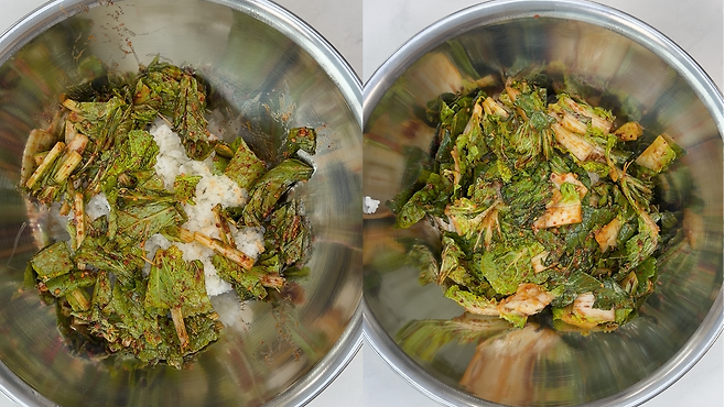 얼갈이배추로 만든 비빔밥(왼쪽)과 봄동으로 만든 비빔밥(오른쪽).&nbsp;한재경 PD