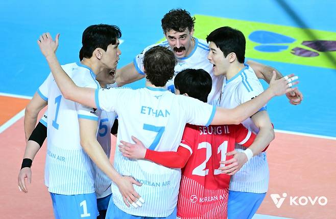 득점 후 기뻐하는 대한항공 선수들 [한국배구연맹 제공. 재판매 및 DB 금지]