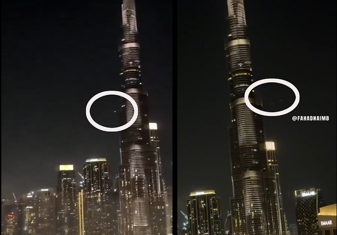 두바이 랜드마크인 부르즈 칼리파. 이 근처에도 이란 드론이 공격을 시도하다 폭파됐다. SNS 갈무리.