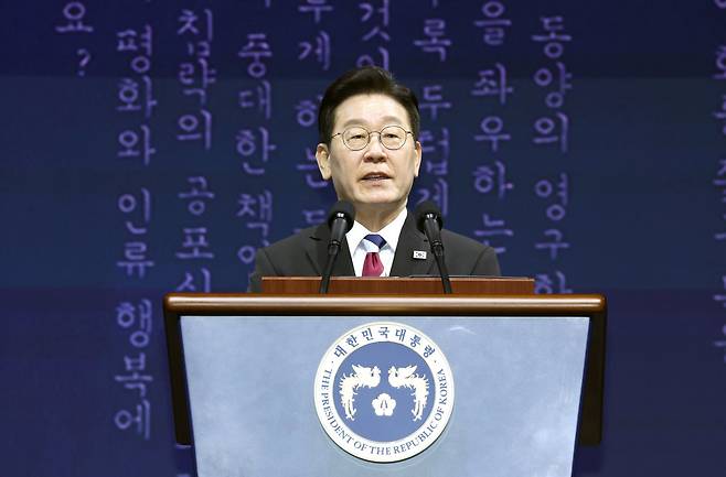 이재명 대통령이 1일 서울 강남구 코엑스에서 열린 제107주년 3·1절 기념식에서 기념사를 하고 있다. 청와대통신사진기자단