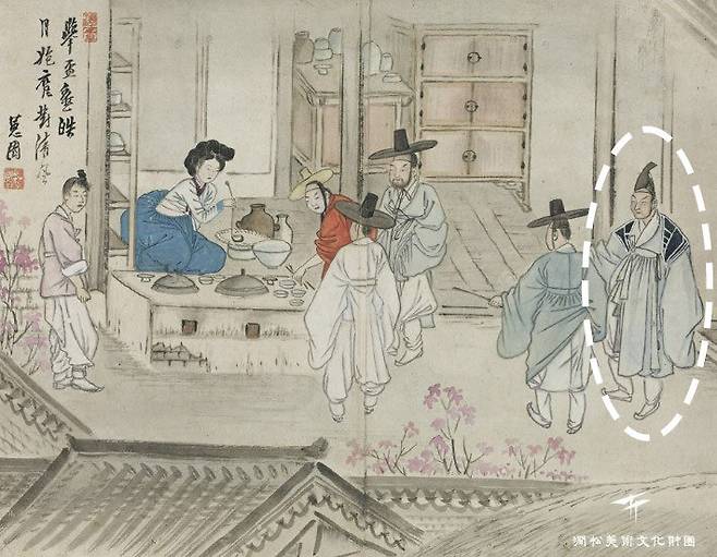 신윤복 ‘주사거배’. 18세기 후반 주막의 풍경으로 제일 오른쪽이 의금부 아전인 나장(羅將·점선 안)이다. 까치등거리에 깔때기를 쓴 기세 좋은 모습이다. 사진 출처 간송미술문화재단