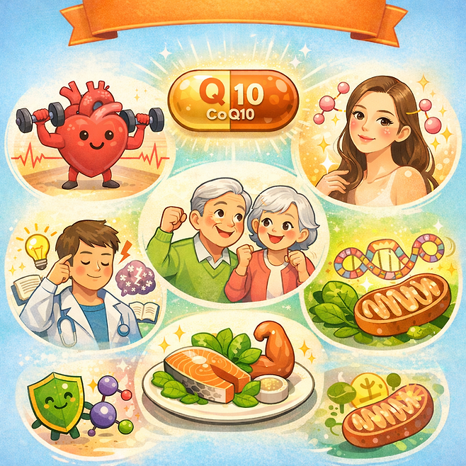 코엔자임 큐텐의 효능을 키워드로 생성AI가 만든 이미지. 심장건강 개선, 피부노화 방지, 에너지 생성, 면역력 증강 등 다양한 효능을 그렸다. [챗GPT]