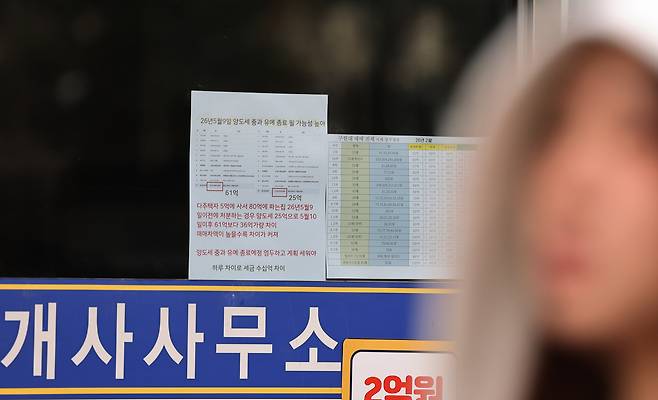 22일 서울 강남구 한 부동산중개업소에 다주택자 양도소득세 중과 유예 종료와 관련된 메모가 붙어 있다.[연합]