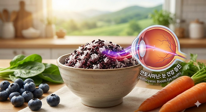 눈 건강에 좋은 안토시아닌이 함유된 식품으로 블루베리가 꼽히지만, 일상에서 쉽게 접할 수 있는 다양한 식재료에도 풍부하게 들어 있다. 구글 제미나이 생성 이미지
