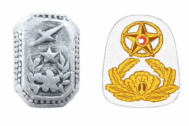 이번에 공개된 '광복군 반지'(왼쪽)와 임시정부 육군휘장도감의 장교 모표(오른쪽) [구글 제미나이 합성 이미지. 재판매 및 DB 금지]