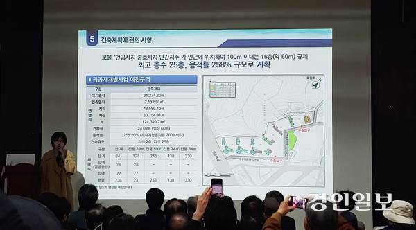 지난달 28일 안양박물관 교육관에서 ‘안양박물관 주변지역 공공재개발사업 주민설명회’에서 설계업체 관계자가 정비계획(안)을 주민들에게 설명하고 있다. 2026.2.28  안양/박상일기자 metro@kyeongin.com