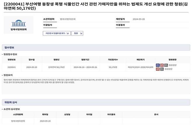 '부산여행 동창생 폭행 식물인간 사건(청원번호 2200041)'이 재작년 9월 20일 법제사법위원회 회부 불구 현재까지 상정조차 되고 있지 않다. /사진= 이정우 기자