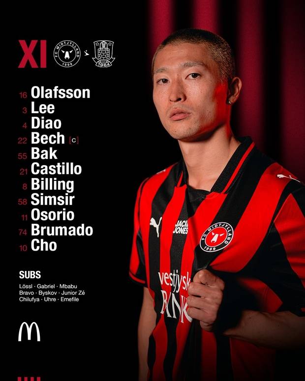 미트윌란 구단이 1일(현지 시간) 브뢴뷔와의 경기 전 SNS에 업로드 한 경기 선발 명단. 미트윌란 구단 X 캡처