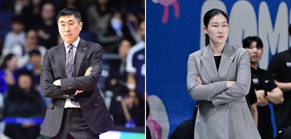 경기를 지휘하는 KCC 이상민 감독(왼쪽)과 BNK 박정은 감독. 각 구단 제공