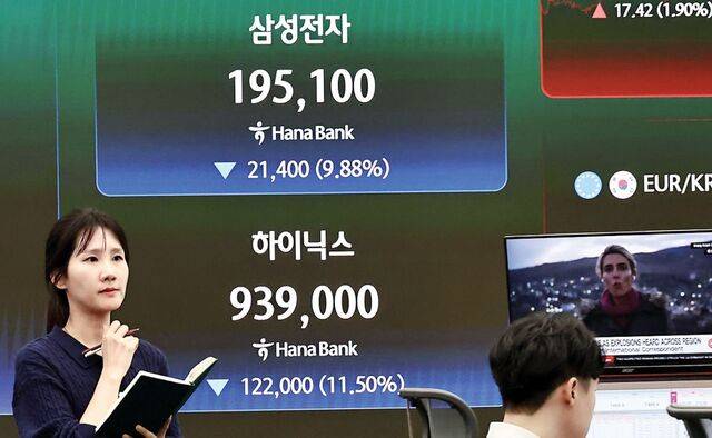 미국과 이란 전쟁 여파로 코스피 시가총액 1·2위인 삼성전자와 SK하이닉스 주가도 각각 9.88%, 11.50% 폭락했다. 3일 서울 중구 하나은행 딜링룸 현황판에 삼성전자와 SK하이닉스 종가가 표시돼 있다. 연합뉴스
