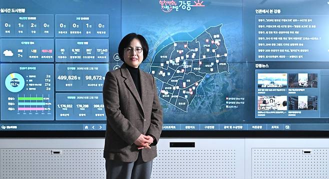 이수희 서울 강동구청장이 헤럴드경제와 인터뷰 도중 집무실 내 현황판 앞에서 포즈를 취하고 있다. 임세준 기자