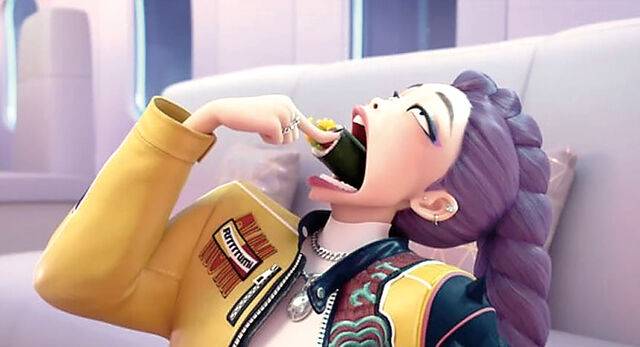 넷플릭스 인기작 ‘케이팝 데몬 헌터스’에 나온 김밥 한줄을 한꺼번에 먹는 장면. 넷플릭스