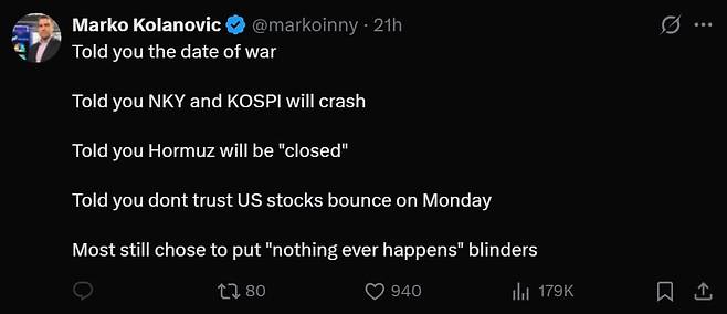 콜라노비치가 3일 자신의 코스피 폭락 예측을 자평하며 올린 글. /X