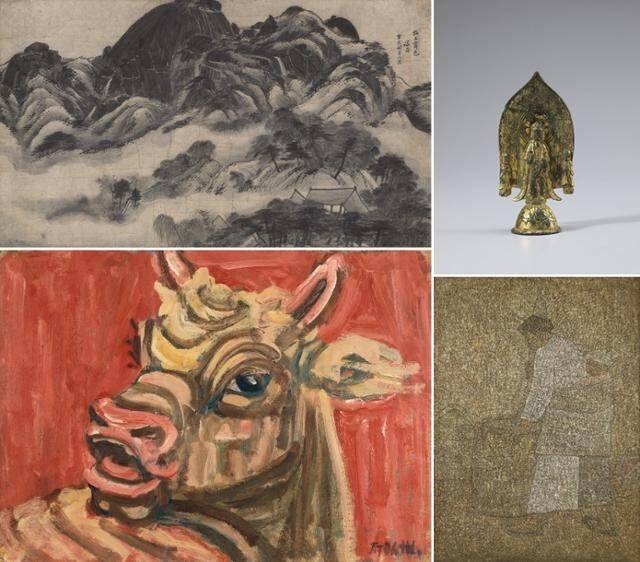 미국 시카고박물관에서 오는 7일 개막하는 '이건희 컬렉션' 전시 '한국의 국보: 한국미술 2000년'에 전시되는 작품들. 왼쪽 위부터 시계방향으로 정선 '인왕제색도', 삼국시대 금동보살삼존입상, 박수근 '절구질하는 여인'(1957), 이중섭 '황소'(1950년대). /국립중앙박물관·국립현대미술관 제공