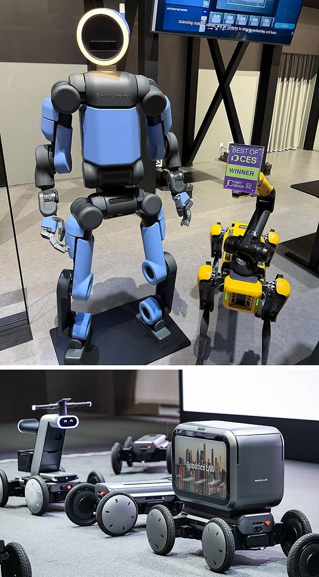 4일부터 서울 강남구 코엑스에서 열리는 ‘2026 스마트공장·자동화산업전(AW 2026)’에 전시되는 현대자동차그룹의 휴머노이드 로봇 아틀라스(위쪽 사진)와 바퀴 달린 인공지능(AI) 로봇 모베드(아래쪽 사진). 아틀라스가 한국에서 일반에 공개되는 건 이번이 처음이다. 현대차그룹 제공