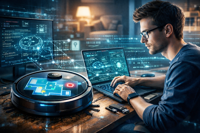 로봇청소기 통신 데이터를 분석하는 개발자의 모습을 형상화한 이미지. 스마트홈 기기의 클라우드 연결 구조와 보안 취약점 논란을 시각적으로 표현했다. ChatGPT 생성 이미지