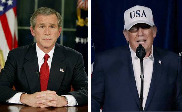 2003년 3월 19일 대국민 TV 연설을 통해 이라크전쟁 개전을 선언한 조지 W 부시 당시 미국 대통령(왼쪽 사진)과 지난달 28일 트루스소셜에 올린 영상 성명을 통해 이란전쟁 개전을 선언한 도널드 트럼프 미 대통령. 이라크전은 ‘파월 독트린’을 지키지 않아 실패한 전쟁으로 평가된다. 사진 출처 백악관 및 트루스소셜