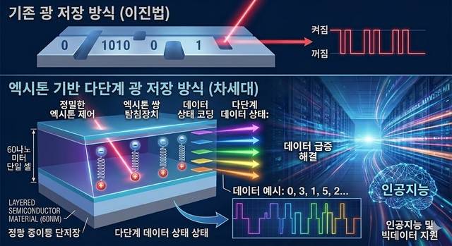 엑시톤 상태를 정밀 조절해 보다 많은 정보를 저장하는 새로운 광 데이터 저장기술을 제미나이가 그린 일러스트.