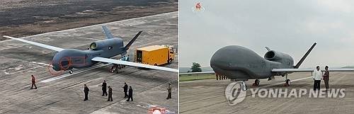 김정은 북한 국무위원장이 2025년 2월 25~26일 ‘무인항공기술연합체’와 ‘탐지전자전연구집단’을 방문해 국방과학연구사업을 현지지도했다고 조선중앙통신이 2025년 3월 27일 보도했다. 방문 현장에서 공개된 ‘21070601’ 일련번호가 표시된 글로벌호크를 닮은 신형 무인전략정찰기(좌)는 기존에 선보인 ‘샛별-4형’과 외형이 다른 것으로 확인됐다. 연합뉴스