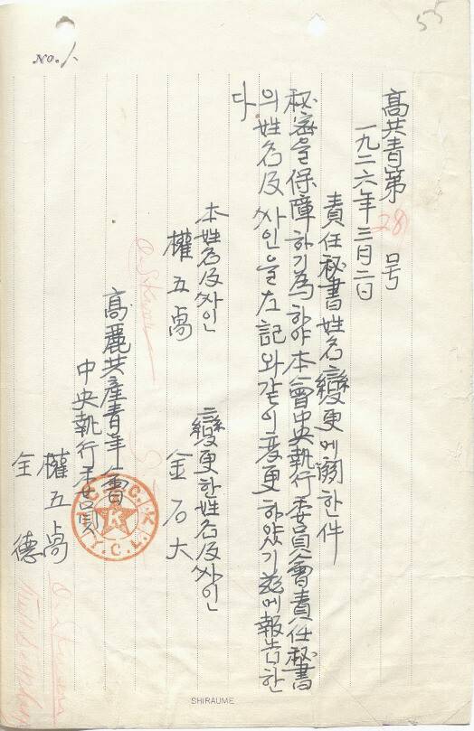 6·10만세운동 3개월 전에 고려공청 중앙집행위원의 명단을 보여주는 내부 문서 1쪽. 붉은 빛깔의 고려공청 인장이 선명하다. 명단 가운데 여섯 번째로 이병립의 이름이 올라 있다. 서명란에는 영문 이니셜로 ‘B.Ree’라고 썼다. ‘이지택’(李之澤)은 이지탁과 동일인이고, ‘朴이키포르’(Никифор)는 곧 박민영을 가리킨다. 임경석 제공