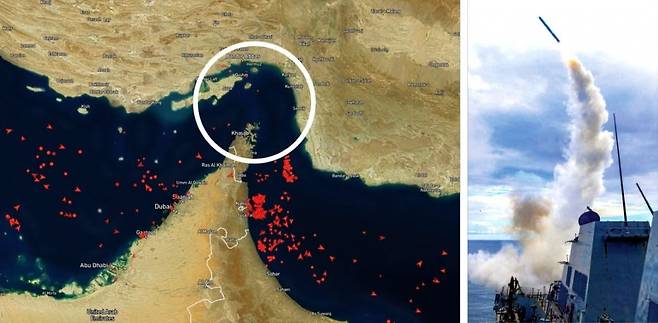 < 텅 빈 호르무즈해협 ﻿> 3일 선박 운항 정보 웹사이트 화면에서 호르무즈해협(흰색 실선 표시) 구간만 텅 비어 있다. 이란이 2일 호르무즈해협 봉쇄를 선언한 데 따른 여파다. 인근 해상에는 해협에 진입하지 못한 채 대기 중인 선박이 몰려 있다(왼쪽 사진). 지난 1일 알레이버크급 구축함 USS 토머스허드너함에서 토마호크 미사일이 발사되고 있다(오른쪽 사진).   마린트래픽 캡처/AFP연합뉴스