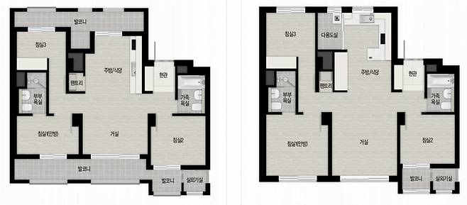 (왼쪽부터) 전용 59㎡ 일반형과 확장형 평면도 [현대건설]