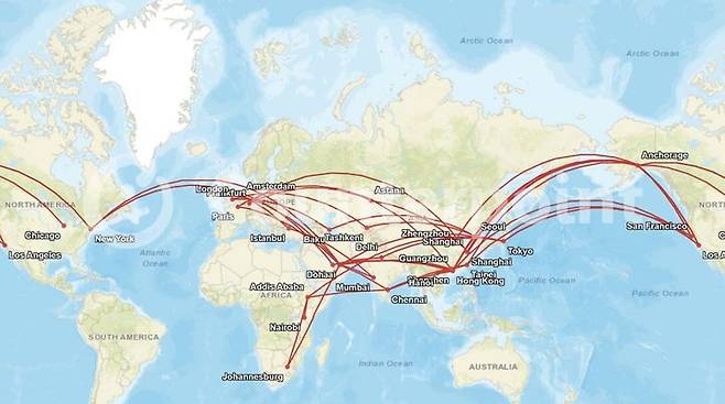 스마트폰 기기 운송에 사용되는 주요 항공 화물 노선. (사진=카운터포인트리서치·플라이트레이더24) *재판매 및 DB 금지