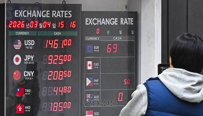 미국과 이스라엘의 이란 공습 여파로 원달러 환율이 치솟고 있는 가운데 4일 서울 중구 명동거리 한 환전소 전광판에 환율 시세가 표시돼 있다. 이지훈 기자