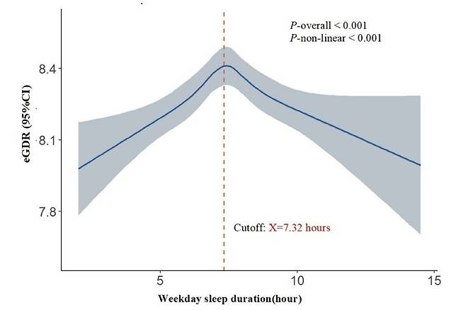 수면 시간과 당뇨병 위험 간 역 U자형 곡선 관계 평일 수면시간과 추정 포도당 처분율(eGDR)은 수면시간이 너무 짧거나 너무 길면 eGDR이 감소하는 역 U자형 곡선 관계를 보였으며, eGDR이 가장 높은 최적 수면시간은 7시간 18분인 것으로 나타났다.
