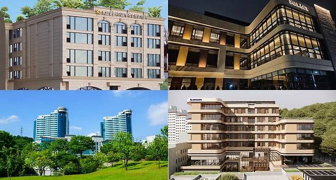 (오른쪽부터 시계방향)&nbsp;&nbsp;'KB 골든라이프케어 평창 카운티' ,&nbsp; &nbsp;신한라이프케어&nbsp; 프리미엄 요양원 '쏠라체홈 미사', 신한라이프 부산 해운대구 시니어&nbsp;복합시설 조감도, 삼성생명 '삼성 노블 카운티' 외관. 사진/각사