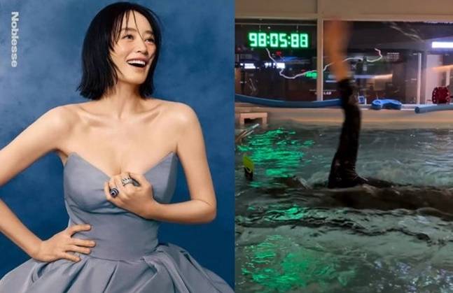 완벽한 드레스핏을 자랑하는 김혜수가 색다른 수영을 선보였다. 사진=노블레스, 김혜수 SNS