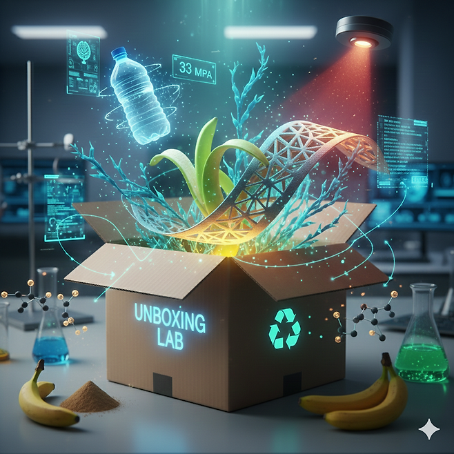 버려지는 바나나 껍질과 바다의 해양 성분이 만나 탄생한 '스마트 비건 가죽'이 연구실 상자 속에서 화려하게 피어오르고 있다. 실제 가죽을 능가하는 강도(33MPa)를 상징하는 홀로그램과 온도에 따라 스스로 변신하는 가죽의 유연한 곡선은 환경 보호와 첨단 기술이 공존하는 미래형 소재의 탄생을 보여준다. (그래픽=제미나이 생성)