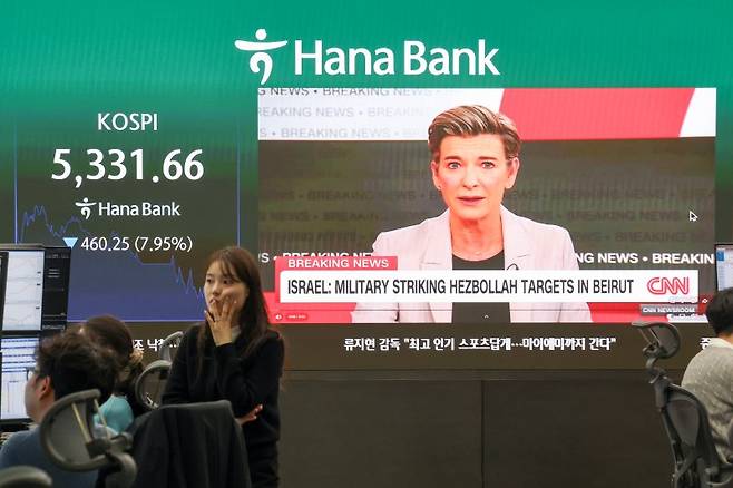 4일 서울 중구 하나은행 본점 딜링룸에 코스피가 표시돼 있다. 이날 코스피가 장중 8% 넘게 폭락하면서 거래를 일시 중단시키는 '서킷브레이커'가 연달아 발동됐다가 해제됐다. 발동 시점의 코스피는 전 거래일보다 469.75포인트(8.11%) 내린 5,322.16이었다. 2026.3.4 /사진=연합뉴스