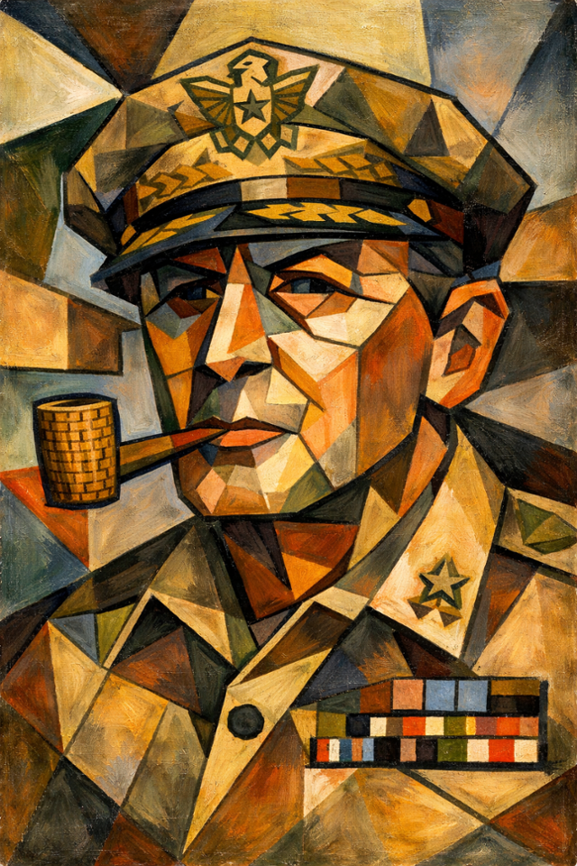 오픈AI의 이미지 생성 인공지능 달리로 만들어 본 맥아더의 초상화. 다면적 인간인 맥아더를 나타내기 위해 피카소의 입체파 화법으로 맥아더의 얼굴을 표현했다.