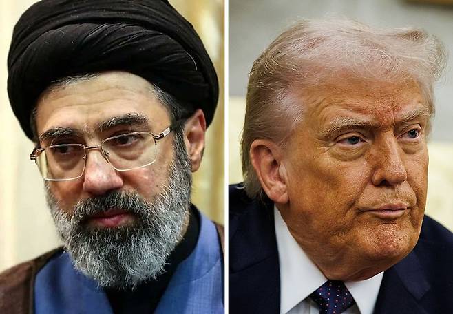 도널드 트럼프 미국 대통령은 3일 이란 후계 구도와 관련 “이전 지도자(하메네이) 같은 악인이 권력을 잡는 게 최악”이라고 말했다. 같은 날 이란에선 하메네이의 둘째 아들 모즈타바 하메네이(왼쪽 사진)가 차기 최고지도자로 선출됐다. [EPA=연합뉴스, SNS 캡처]