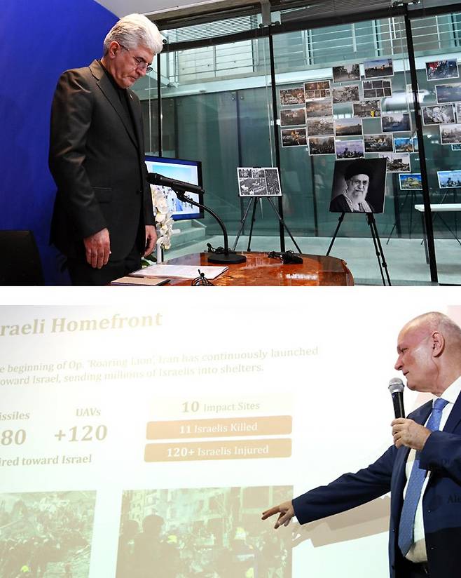 사이드 쿠제치 주한 이란대사가 5일 서울 용산구 주한 이란대사관에서 열린 기자회견에서 묵념하고 있다(위 사진). 라파엘 하르파즈 주한 이스라엘대사도 이날 서울 종로구의 한 빌딩에서 기자회견을 하고 있다. 연합뉴스